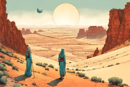 create a surreal, enigmatic, otherworldly, portrait of a nomadic shepherdess inhabiting an ethereal desert canyon land in the comic book style of Jean Giraud Moebius, David Hoskins, and Enki Bilal, precisely drawn, inked, and colored