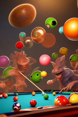 2 Aliens are playing pool and laughing. the balls on the table are planets. The main ball is planet earth. High resolution, 3d render and 8k