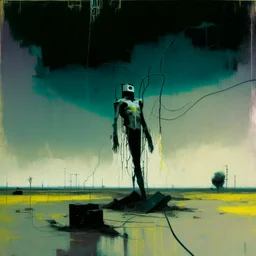 Dystopian future body with a twisted body falling from sky with retro monitor head and handing wires. In desolate landscape low horizonline at night. With a concrete decaying blocks. Abstract oil painting in style of Justin Mortimer and Phil Hale