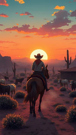 anime style, sunset, desert garden, a cowboy on his horse with cows on his bourse , cinematic view