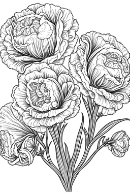 isometric Carnation flowers, black and white coloring book drawing, only thin outlines, no grayscale, no shadows, for adult coloring book