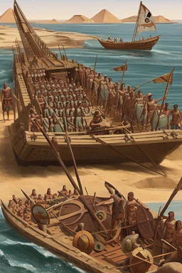 [egypt, end of Bronze Age, Philistines] Philistines' warriors on Sea peoples' ship as described by Wachsmann, in To the Sea of the Philistines.