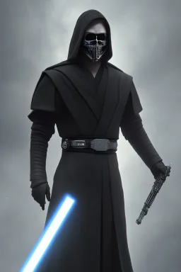 All Black Anakin Skywalker soldier, ghost, wearing high tech mask, white smoke, dark, rage, sorrow, high definition, ultra 8 k, volumetric lighting, blue fire, fog red