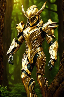 Fullbody Facing front photography HD,powerful mechines biomechanical cyborg Warrior Guardian ranger,helmet hyper futuristic, of the forest of the Eladrin wearing armor ornaments in an enchanted golden high, high details