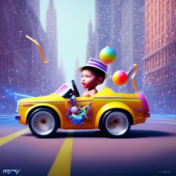 A one-year-old boy rides in the plastic funny toy-car on the middle of a busy street in new york. He has and a large-brimmed straw hat. somehow photographic bright colors and sunset, fantasy art, Anna Dittmann, digital painting, dan mumford, oil on canvas, jeff koons, akihito yoshida, wlop, kodachrome,