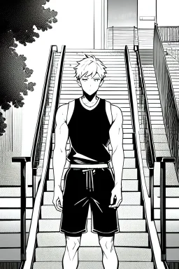 a boy in shorts sleeveless shirt climbs the stairs, greyscale