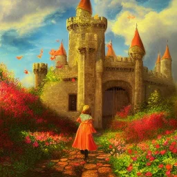  Castle into sky, with flowers of fire. Green clouds and birds. Shy girl going out of the main gate. Detailed painting, sharp color, medieval, intricate detail, far sceen, realistic colors, medieval concept art. spring.