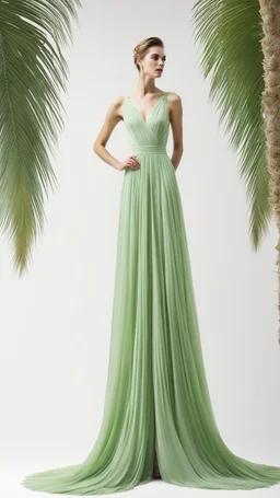 1mannequin, pageant dress, dress inspired by fan palm, pan palm, beautiful, flowing, green, elegant, full body frame, full body, hd, ultra realistic, dress displayed in the mannequin, white background, aesthetic, pastel color, flowing