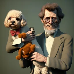 Portrait of an aristocratic old man holding a toy poodle in his arms, he looks like Willem dafoe, 8k, HD, cinematography, photorealistic, Cinematic, Color Grading, Ultra-Wide Angle, Depth of Field, hyper-detailed, beautifully color-coded, insane details, intricate details, beautifully color graded, Cinematic, Color Grading, Editorial Photography, Depth of Field, DOF, Tilt Blur, White Balance, 32k, Super-Resolution, Megapixel, ProPhoto RGB, VR, Halfrear Lighting, Backlight, Na