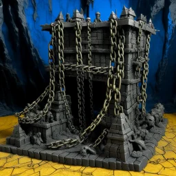 A black spongy fortress filled with chains designed in African pottery painted by Albrecht Durer