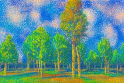 Futuristic buildings near tree zone, impressionism painting