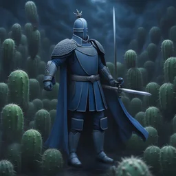 a heroic humanoid cactus without face, without hair, wearing a blue prussian officer uniform, sword in hand, background chaotic medieval battlefield with many soldiers, storm, dark sky,