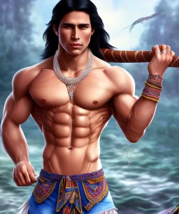 native american warrior, long black hair, big muscles, magic crystal neckless , shirtless