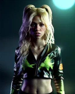 portrait, Shakira, blonde artist, angry, Realistic image, MMA robe, hoodie, mma gloves, loose long hair, fight pose, eyes, make-up, gold line make-up, moisture, sweat, fog, goddess, Neon colors, leds. Black background, photo studio, concept art, smooth, unreal engine 5, god lights, ray tracing, RTX, lumen lighting, ultra detail, volumetric lighting, 3d, finely drawn, high definition, 4k.