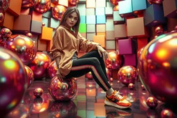 beautiful lady with todays modern clothing and sport shoes, in surreal stage made of fractal random size spheres with helical strip colors in clothing similar to environment full body posing to camera,animating background metallic random color cubes