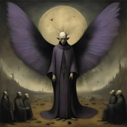 Hieronymus Bosch oil painting, Feast on the clipped wings Priest of dreaming, by Gabriel Pacheco and Zdzislaw Beksinski, creepy, eerie, imperial colors, dynamic diagonal composition, sinister atmosphere, opulent shadows, purple monochrome, creepy, weird, oil matte painting, by Goya