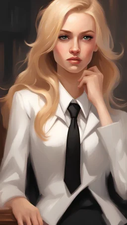 A beautiful young lady attorney with blonde hair, nice eyes, matte peach lips, in white shirt, black coat, black necktie, attorney gown, oil painting, concept art
