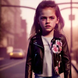 Riley keough toddler, full body, leather jacket, floral shirt, floral skirt, shoe, soft skin, city background, dramatic lighting, hyper realistic