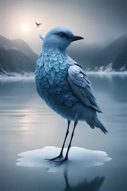 a bird made of space standing on a lake of ice