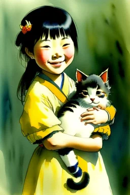 A cute smiling asian girl is holding a kitten. Watercolour