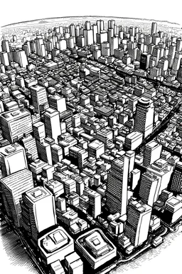 Tokyo city view from above. manga style, black and white