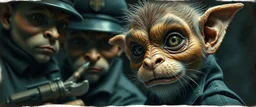 airbrush and pen outline, french art , extreme close up on cheeky fluffy weasel hairy goblin military prison guard troupe news anchor elf family scumbag , pinhole cam, airbrush 3d rendering, in the style of Titian and Rembrandt , torn edges