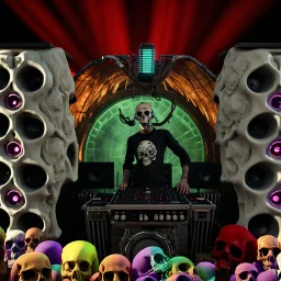 DJ of the damnded, insanely detailed DJ booth in hell, MID set, speakers and equipment made of bone, anatomically correct, add more skulls in th audience, photorealism, vray, 8k 3d