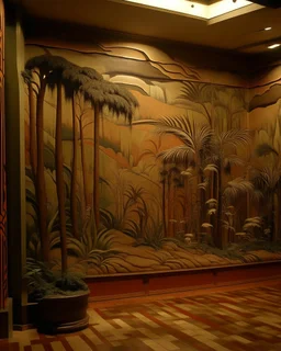 A tan dry prehistoric jungle painted by Frank Lloyd Wright
