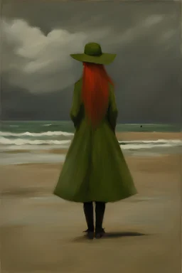 una mujer de perramus largo y verde, un sombrero verde y largo cabello rojo parada en una playa desierta en un dia nublado con un cielo de nubes negras pintura al oleo al estilos de Anne Packard