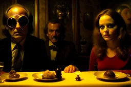 Spooky, ultra realistic distress, dining, ultra realistic hot woman, nose, giant eye on a table, organic hot bondes, bredst, dynamic, anguish, Stanley Kubrik Eyes wide shut, excited and lively scene, hypermaximalist figures, Creepy the Ring Alfred Hitchcock, Sam Raimi, insanely detailed, sinister, John Carpenter, Dario Argento, ornate