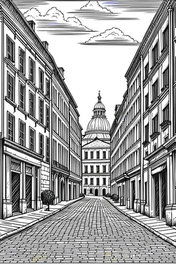 Via Margutta, Rome ,Line Drawing, A classic black-and-white line drawing style with intricate details and clean lines. The streets are depicted with precision, capturing the architectural diversity . The drawing will be realized as a traditional pen and ink illustration, with fine-tipped pens used for precise linework and shading
