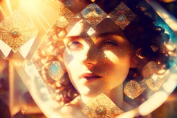 double exposure, merged layers, top view pattern of gemstones in sunshine intimate Victorian Boudoir, soft edges bokeh highly detailed dof portrait dynamic lighting Alphonse Mucha