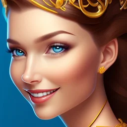 Disney Portrait of a Golden Princess, dark hair, sharp dark eyes, bright blue lighting, sarcastic smile, sharp focus hair.