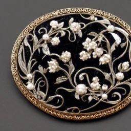 rose ivory brooch with black pearl inlay, opalescent marble carving, decorative design, classical ornament, highly ornate, highly intricate, highly detailed etching, marble carving, warm lighting