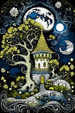 magic white, golden ,fairy-tale house bell ,stone path,layered trees with curlicues,fluffy flowers white volumetric bells ,radiance glow from inside op-art,black night,silver luminous full moon,curly clouds,silver stars,mysticism,fractals,grotesque,silver black,dark blue suspension,filigree drawing ink and markers,airbrush,art nouveau,dark fantasy,dark botanical,color correction,volume,gloss,hyperrealism