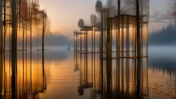 An architectural work on a misty lake at dawn, with vertical poles of weathered wood supporting inhabited cubicles encased in glass and glowing opalescent spheres, with autumn foliage reflecting in the water.
