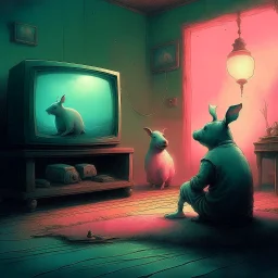 pig watching a tv about video game persona with a rabbit playing music beksinski style