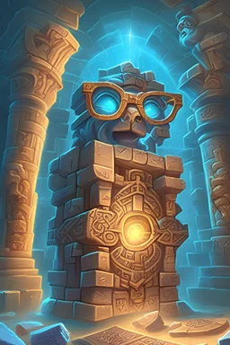 Solving the final puzzle within the temple reveals a hidden chamber, housing a long-lost artifact believed to possess incredible powers realistic cartoon with spectacles