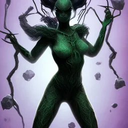 This spider woman is a formidable creature, with the body of a human woman and the head and legs of a spider. Her skin is covered in shimmering black scales, and her eyes glow a bright, otherworldly green. She is fast and agile, able to climb walls and ceilings with ease. She has venomous fangs and sharp claws, and she can spin webs of magical energy to ensnare her enemies. She is intelligent and cunning, and she is feared by all who encounter her in the realm of fantasy. She is often summoned b