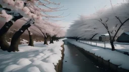 Cherry Blossoms in Hokkaido in the wintertime, Canon RF 16mm f:2.8 STM Lens, hyperrealistic photography, style of unsplash and National