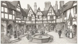 A Paved Courtyard, With Tudor Gothic Houses, Tall Chimneys, Crooked Roofs, a small stream, People, Shops,