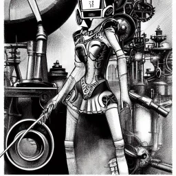 great illustrator, spanish, pencil sketch of a cute girl, beautiful, steampunk syle, black and white. Helmet with tubes. googles, venetian mask. Machinery in the background. robotic birds flying. High details.