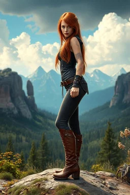 Photorealistic full-height photo of a skinny steampunk pin-up girl in boots with long, dark ginger hair in a fantasy landscape