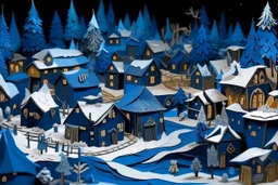 A dark blue snow covered Christmas themed Viking village designed in Japanese origami painted by Edvard Munch