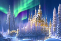  white and gold crystal castle，waterfall, winter snow flakessnow, northern Lights, full of details, smooth, bright sunshine，soft light atmosphere, light effect，vaporwave colorful, concept art, smooth, extremely sharp detail, finely tuned detail, ultra high definition, 8 k, unreal engine 5, ultra sharp focus