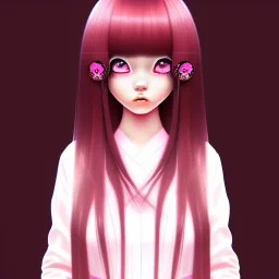 Japanese girl with big brown eyes and long black hair with bangs wearing pink clothes kawaii