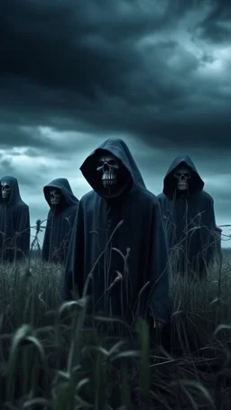 A group of scary large black hooded evils figures with glowing white eyes looking at you in the background and out of this world galaxy in a blue and gray cloud of stormy weather a many sticks fixed ultra hi quality picture with cinematic science, tragedy, a small black birds far in hovering in the horizon in the big field of grass near front view of the skull