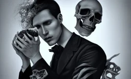 man in black holding a skull in one hand