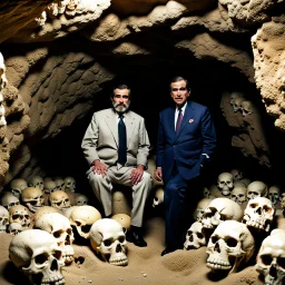 Saddam and George Bush in cave surrounded by skulls in the cave walls