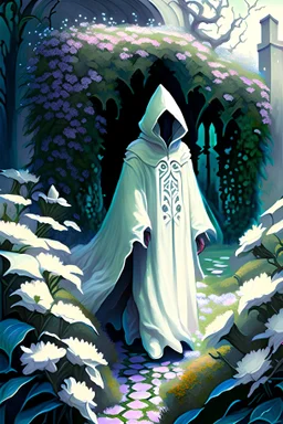 Castle hedge maze with strange flowers and hooded figure in white robes rpg art painterly